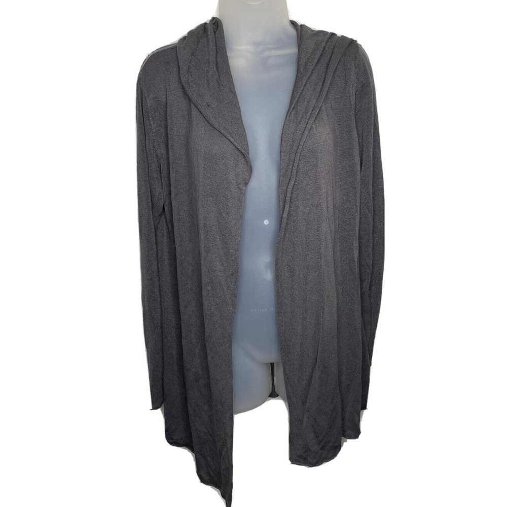 Alison Sheri‎ Large Womens Open Front Long Knit Hooded Cardigan Sweater Gray